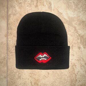 Chrome Hearts Black Beanie with Red Lips Design